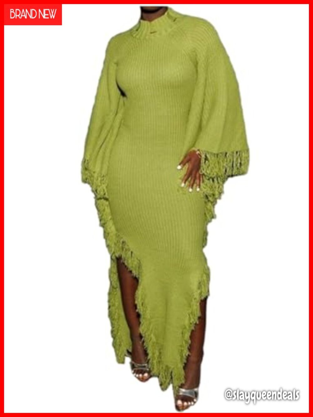Women's Fringe Turtleneck Long Sleeve Knit Maxi Sweater Dress